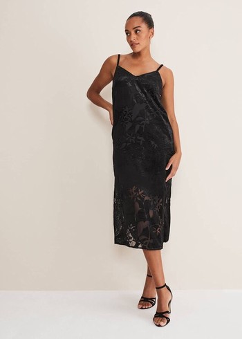 Phase Eight Fayette Textured Velvet Slip Dress Black Canada | CNJLBQ-160